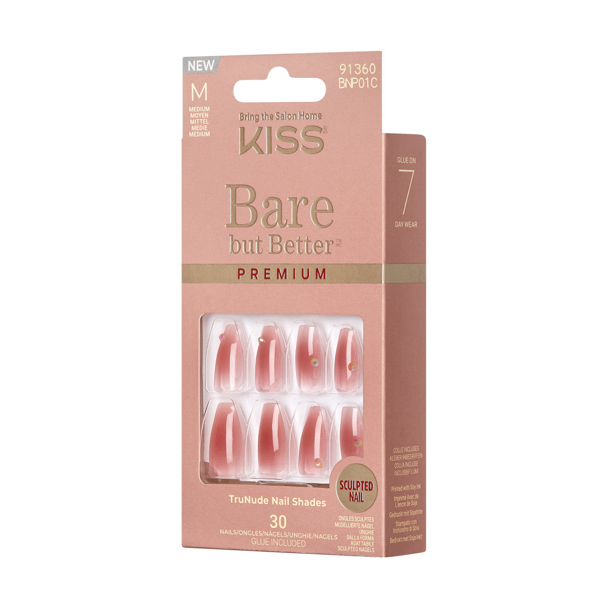 KISS Bare But Better, Press-On Nails, Shine, Pink, Med Coffin, 30ct
