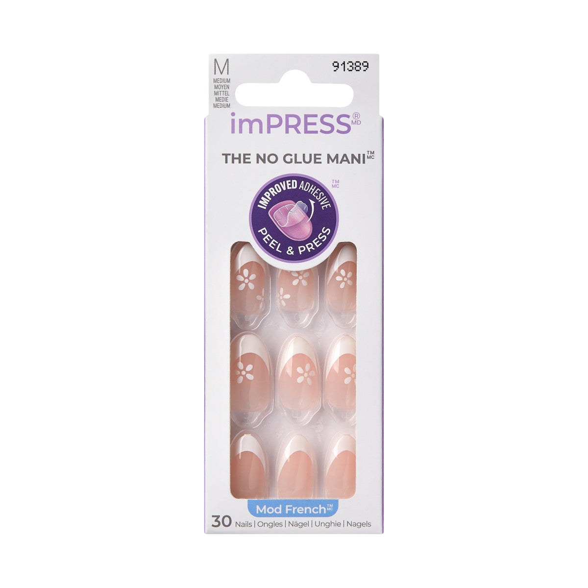 imPRESS Modern French Press-On Nails, No Glue Needed, Bílé špičky, Medium Mandloý, 33 ks