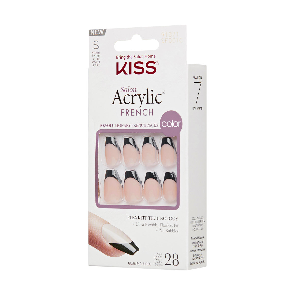 KISS Salon Acrylic French Color Press-On Nails, ‘Flame’, Černá, Short Coffin, 31 ks