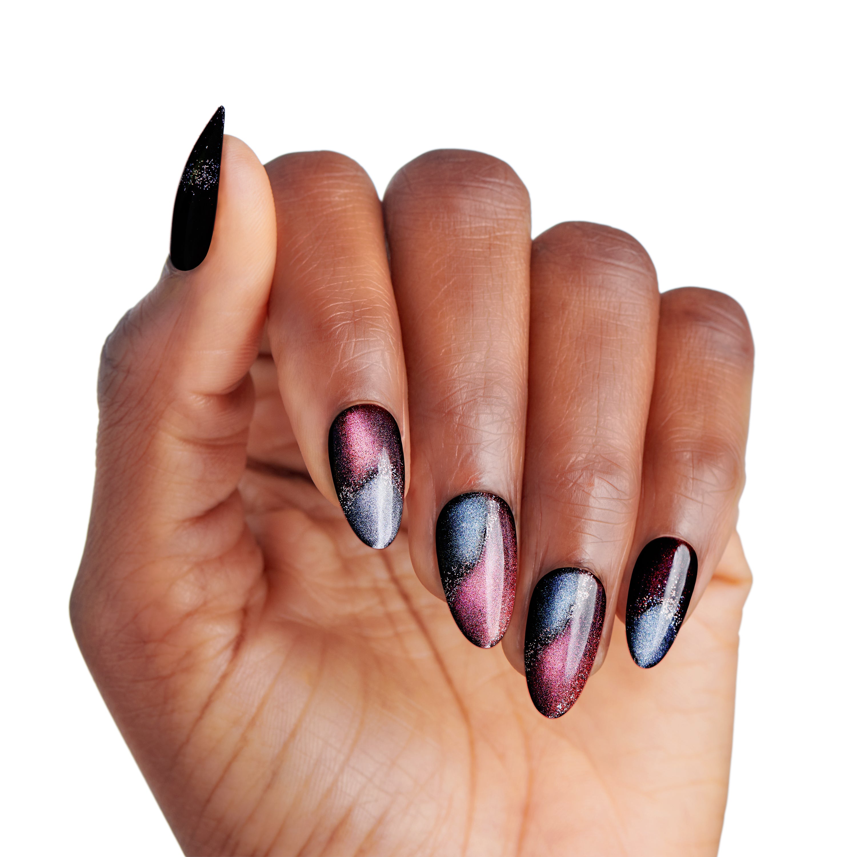 Kiss Gel Fantasy Magnetic Press On Nails, ‘Moonlit Veil’, Black, Short Oval, 28 Count