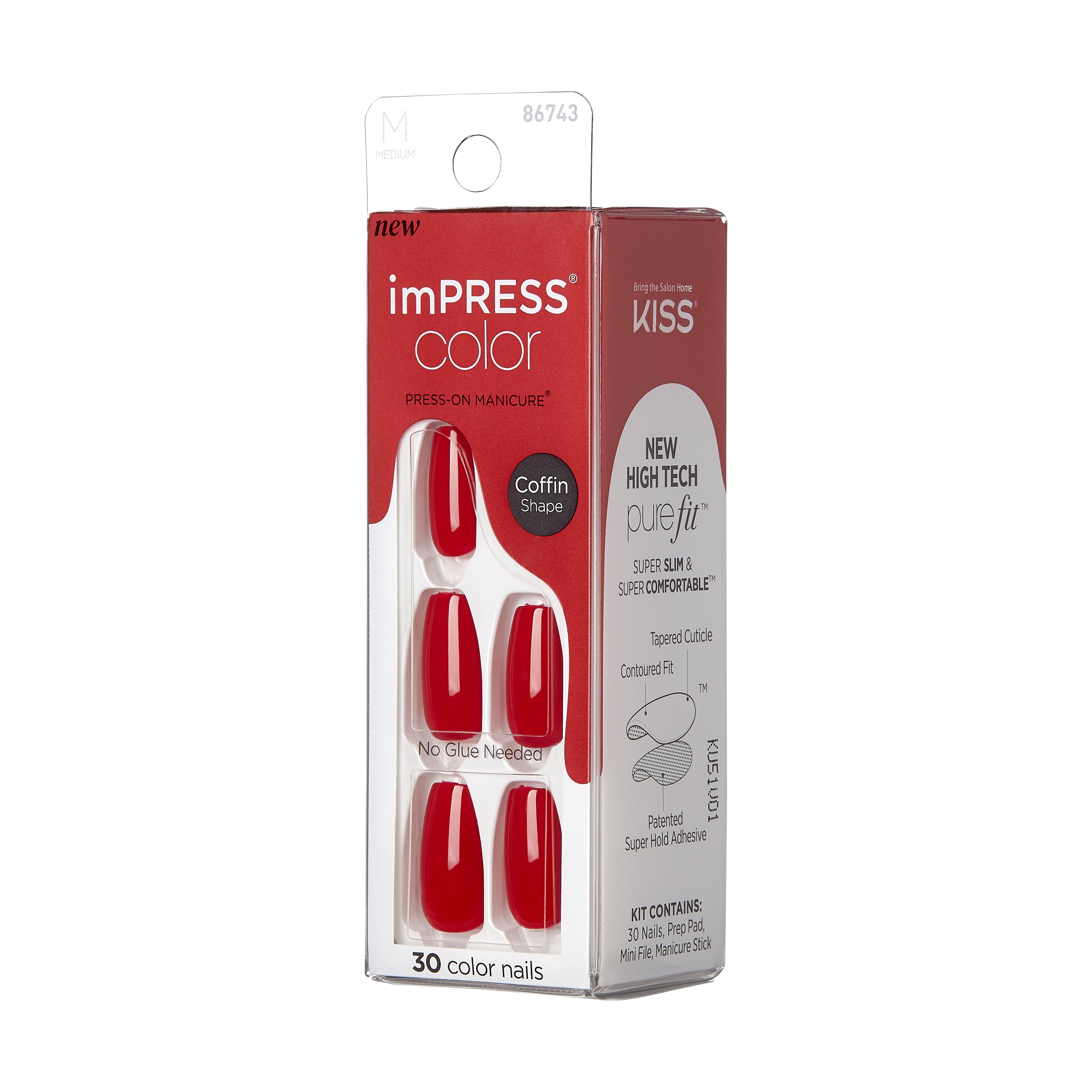 imPRESS Color No Glue Mani Press-On Nails, Červená, Medium, Coffin, 30 ks