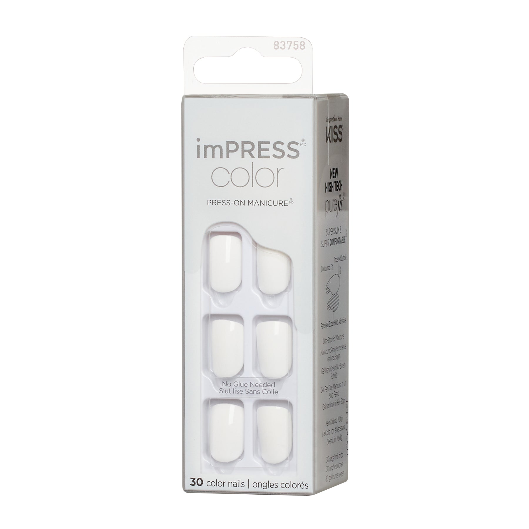 imPRESS Color No Glue Mani Press-On Nails, No Glue Needed, Bílá, Short Zaoblený, 33 ks