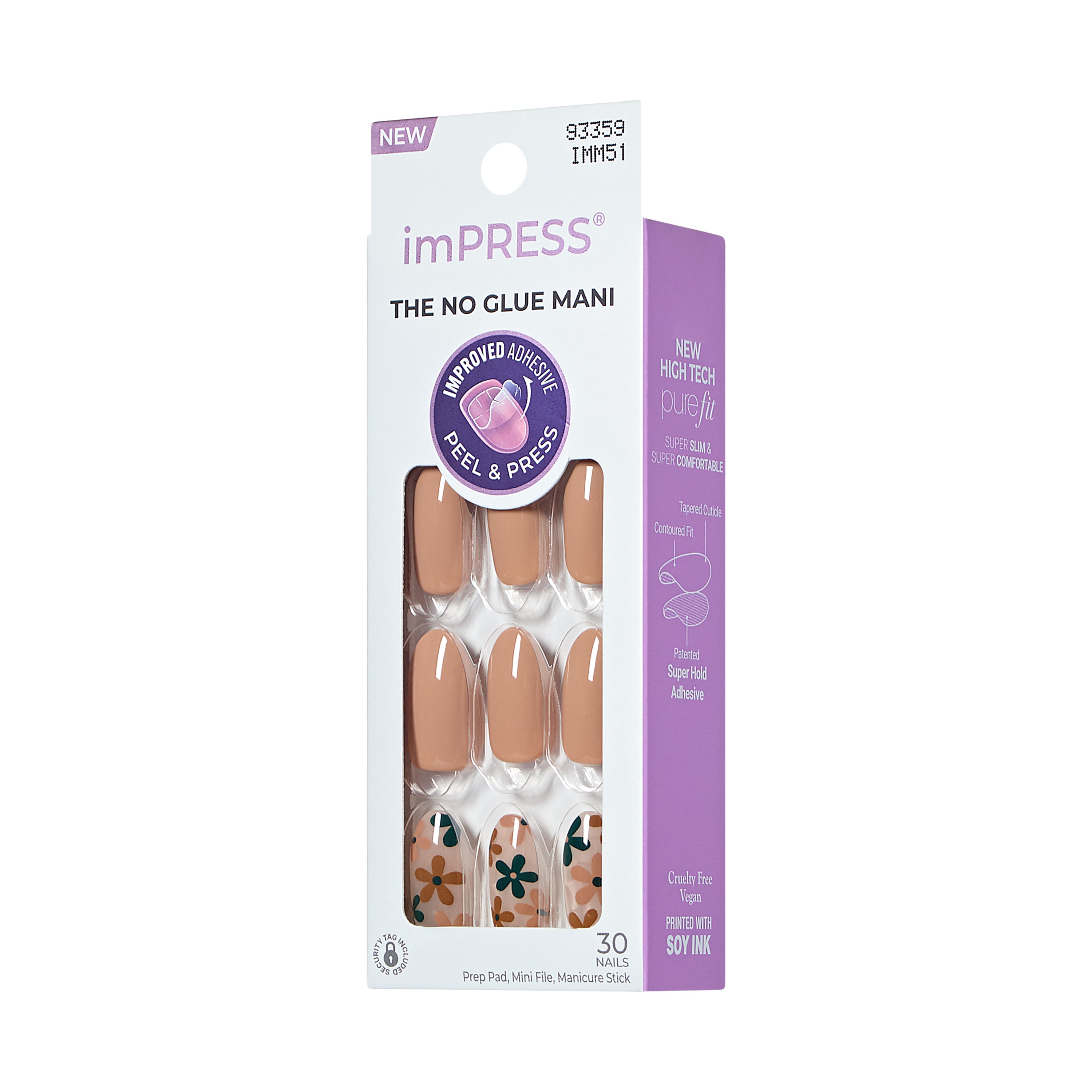 Impress Design Press On Nails, bez potřeby lepidla, béžové, střední délka, mandlový tvar, 30 ks.