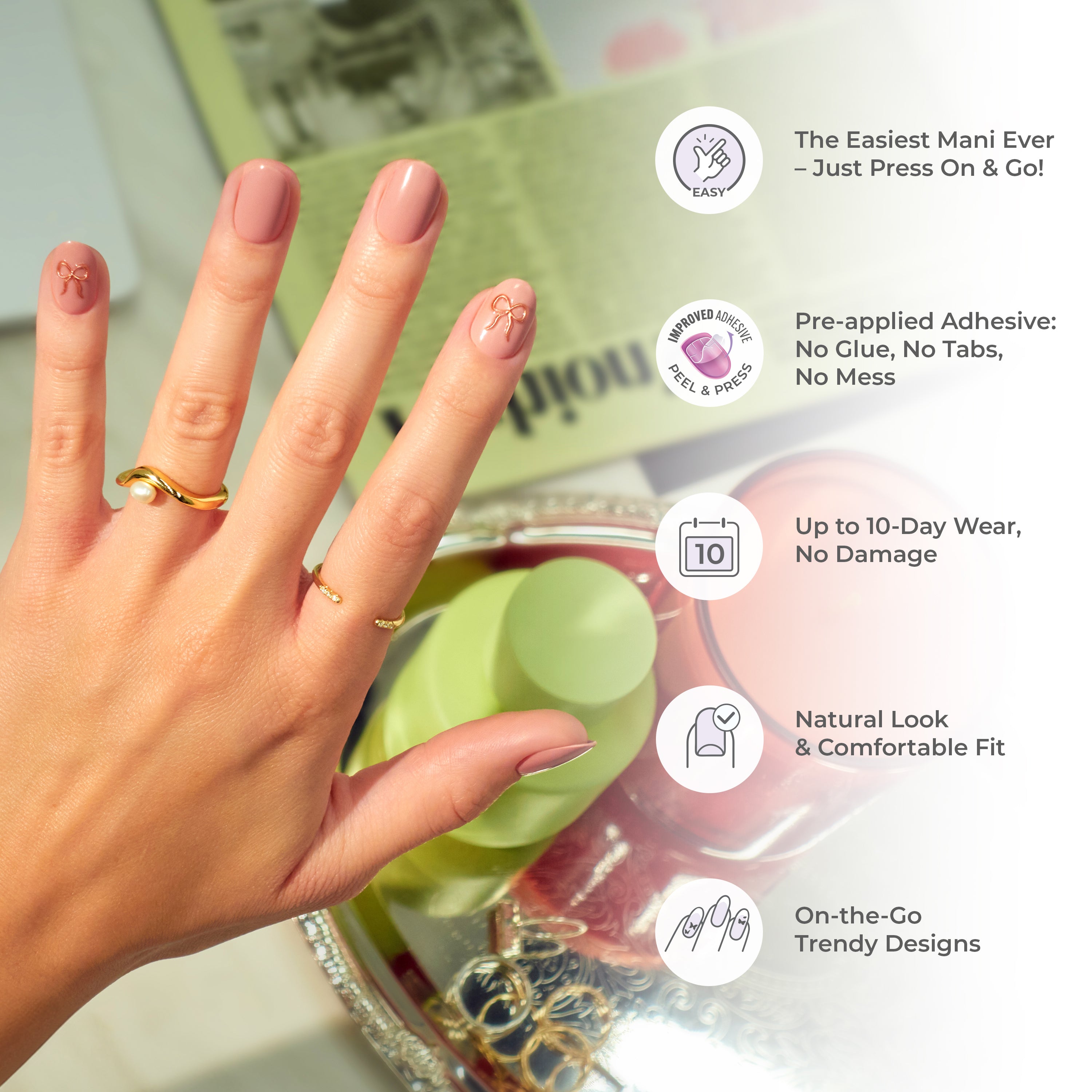 Impress Design Press On Nails, bez potřeby lepidla, béžové, střední délka, mandlový tvar, 30 ks.