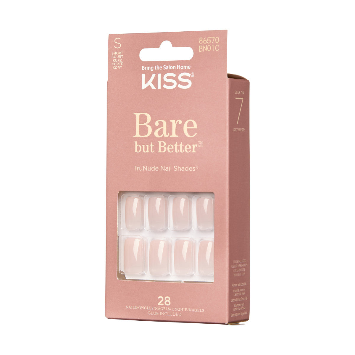 KISS Bare but Better Press-On Nails, Lesklá růžová, Short, Hranatý, 31 ks