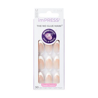 imPRESS Classic French Press-On Nails, No Glue Needed, Bílé špičky, Medium Mandlový, 33 ks