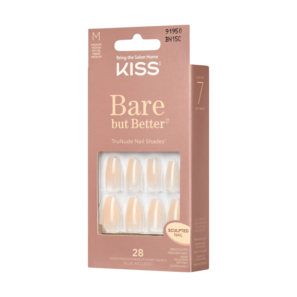 KISS Bare-But-Better Press-On Nails, TruNude, Medium, Coffin, 31 ks