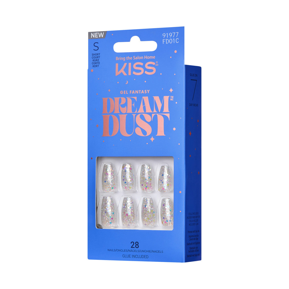 KISS Gel Fantasy Dreamdust, Press-On Nails, Mood Dust, White, Short Coffin, 28ct