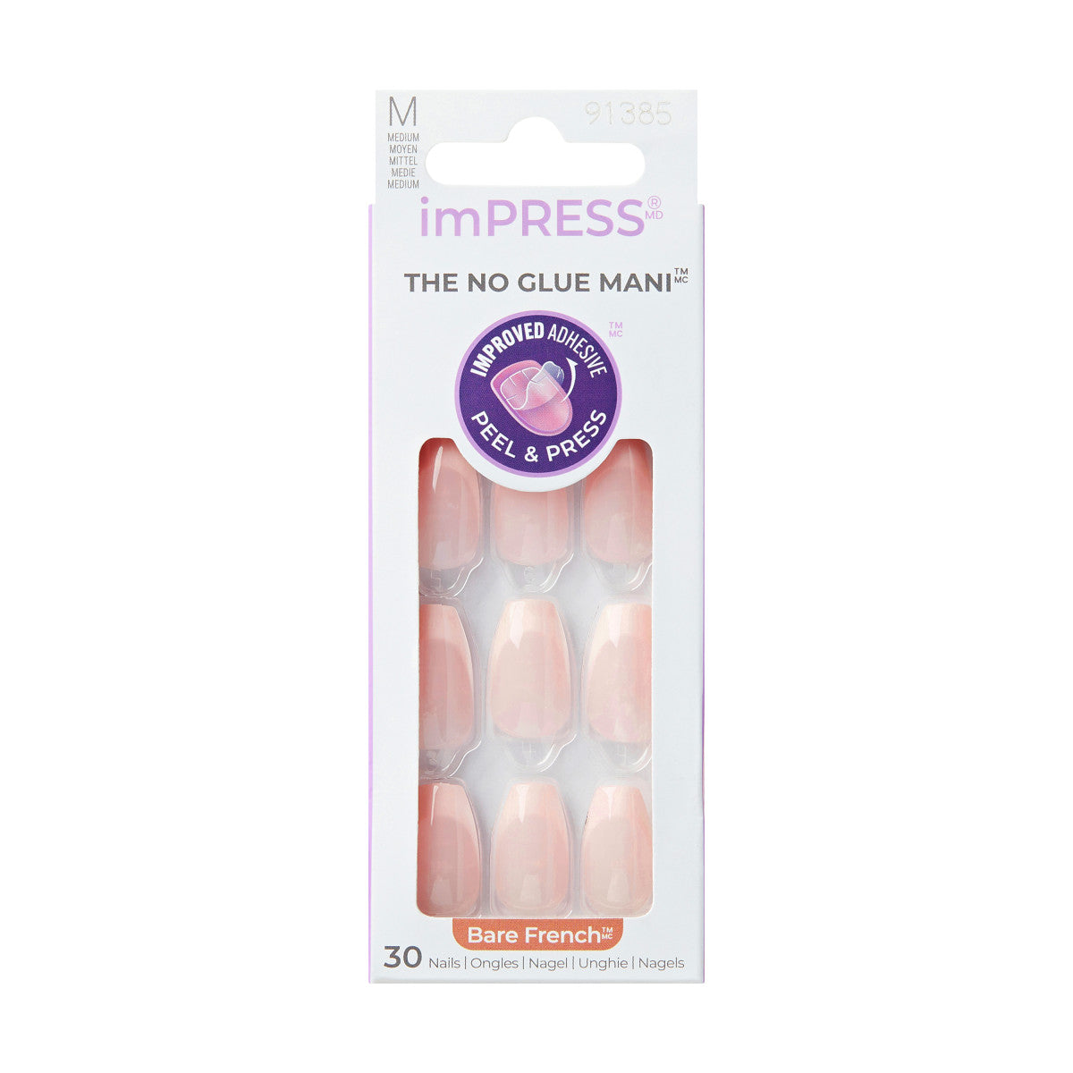 imPRESS Bare French Press-On Nails, No Glue Needed, Bílé špičky, Medium Coffin, 33 ks