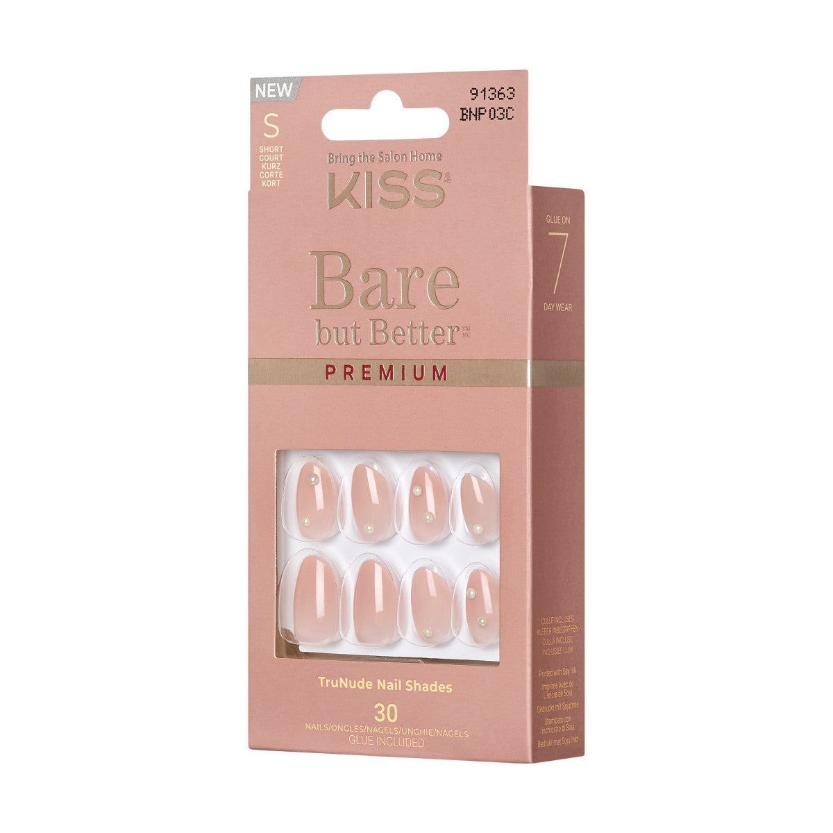 KISS Bare but Better Premium Press-On Nails, ‘Slay’, Tělová, Short Mandlový, 33 ks