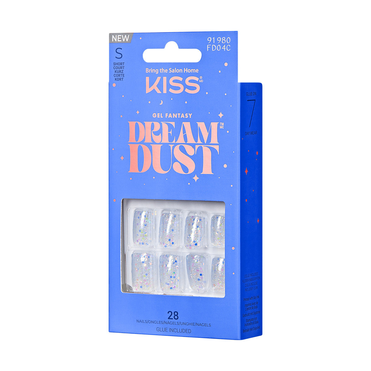 KISS Gel Fantasy Dreamdust Press-On Nails, ‘Champagnes’, Modrá, Short Zaoblený, 31 ks