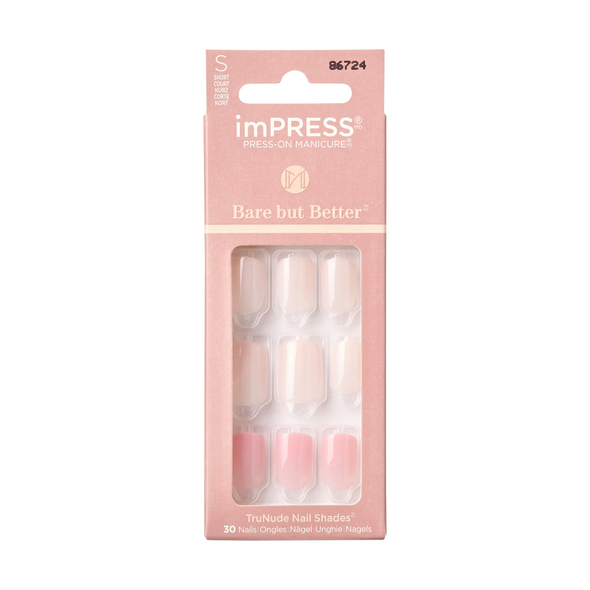 KISS imPRESS No Glue Mani Press On Nails, Bare But Better, Effortless Finish, Béžová, Short Zaoblený, 30 ks