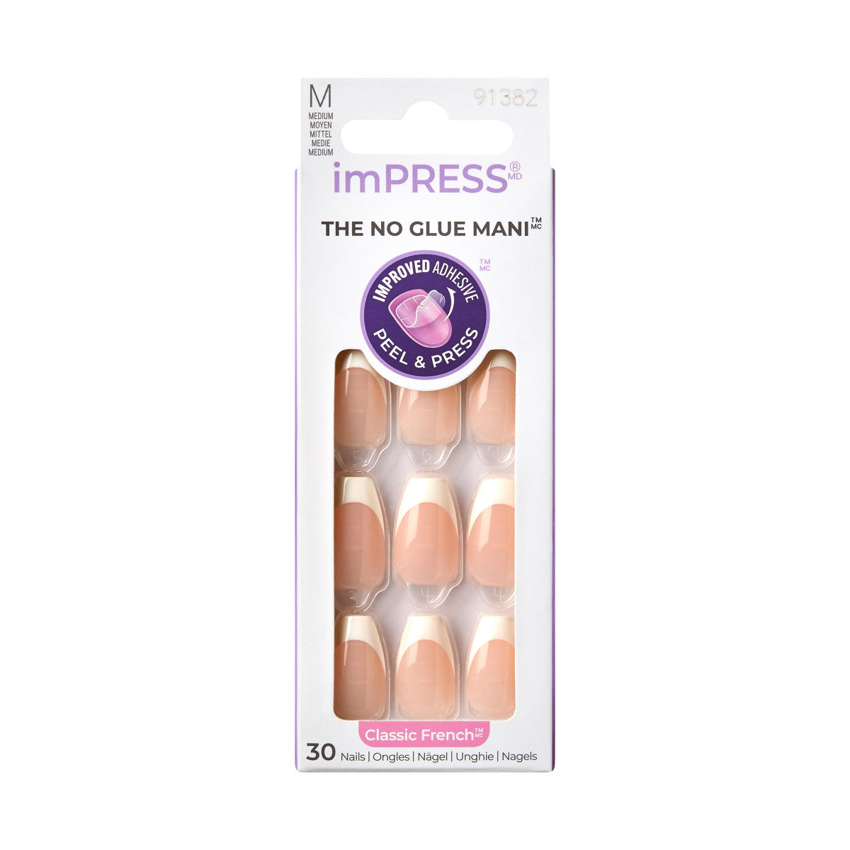 imPRESS Classic French Press-On Nails, No Glue Needed, Bílé špičky, Medium Coffin, 33 ks