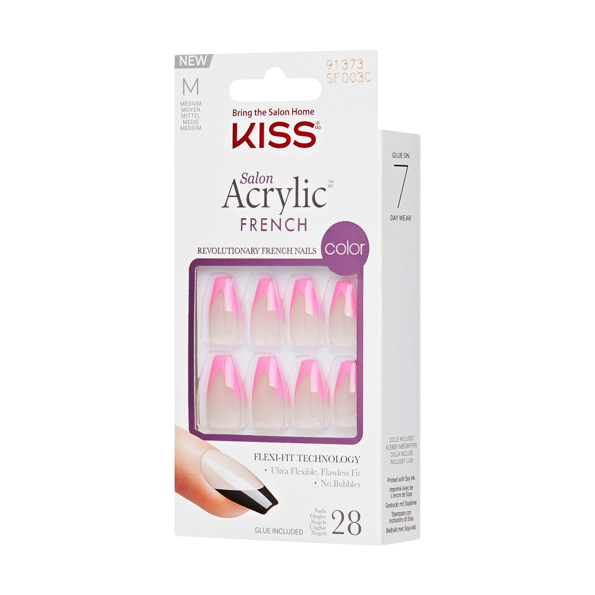 KISS Salon Acrylic French Color Press-On Nails, ‘Squared’, Růžová, Medium Coffin, 31 ks