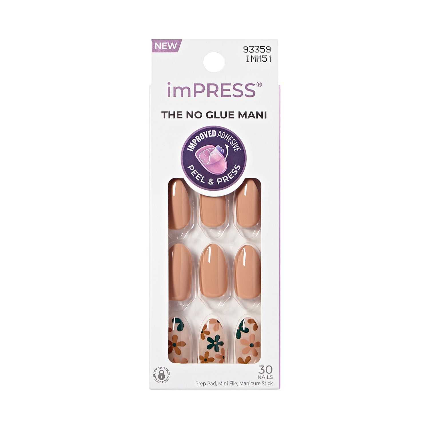 Impress Design Press On Nails, bez potřeby lepidla, béžové, střední délka, mandlový tvar, 30 ks.