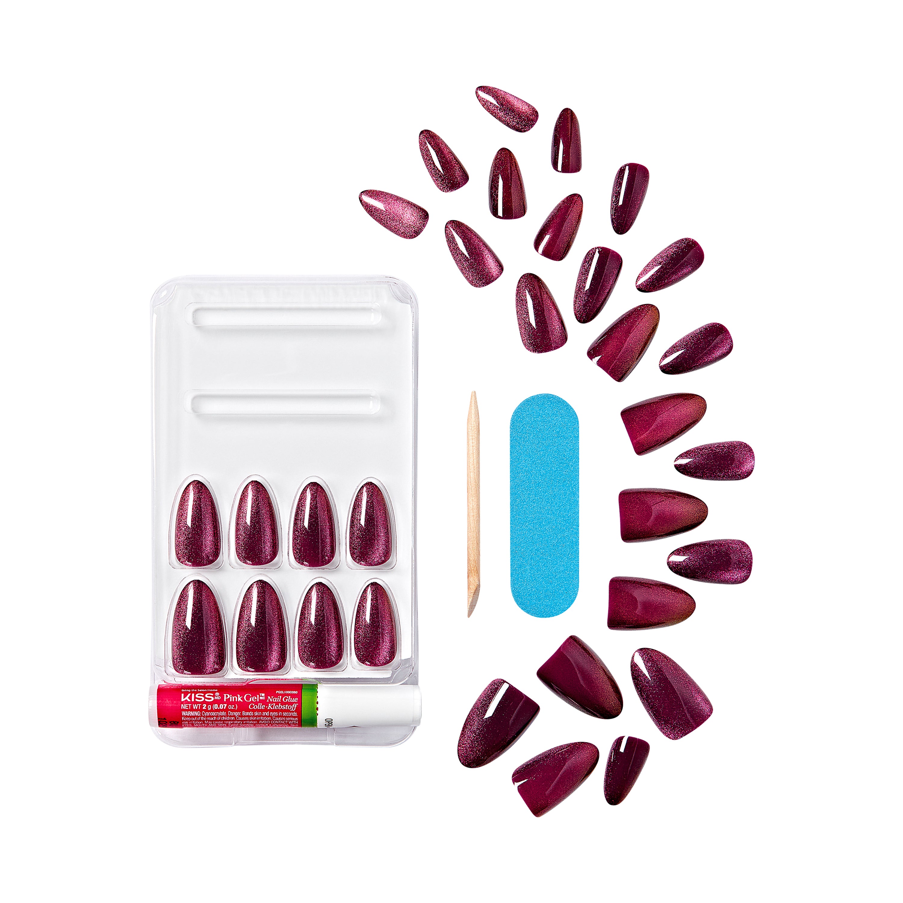 KISS Gel Fantasy Magnetic Press On Nails, Wine Color, Medium Almond, 28 Count
