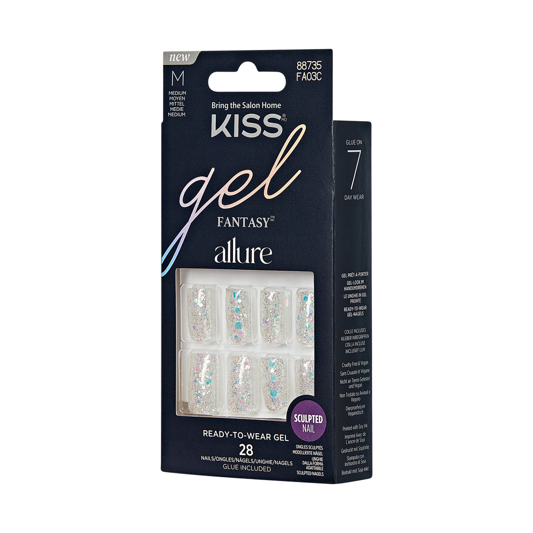 KISS Gel Fantasy Allure Press-On Nails, How Dazzling, Stříbrná, Medium Hranatý, 31 ks