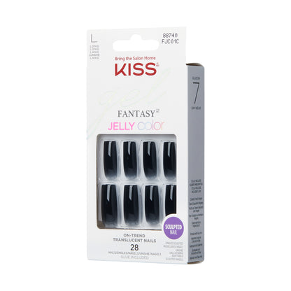 KISS Gel Fantasy Jelly Color Press-On Nails, Jelly Gelée, Černá, Long Hranatý, 28 ks