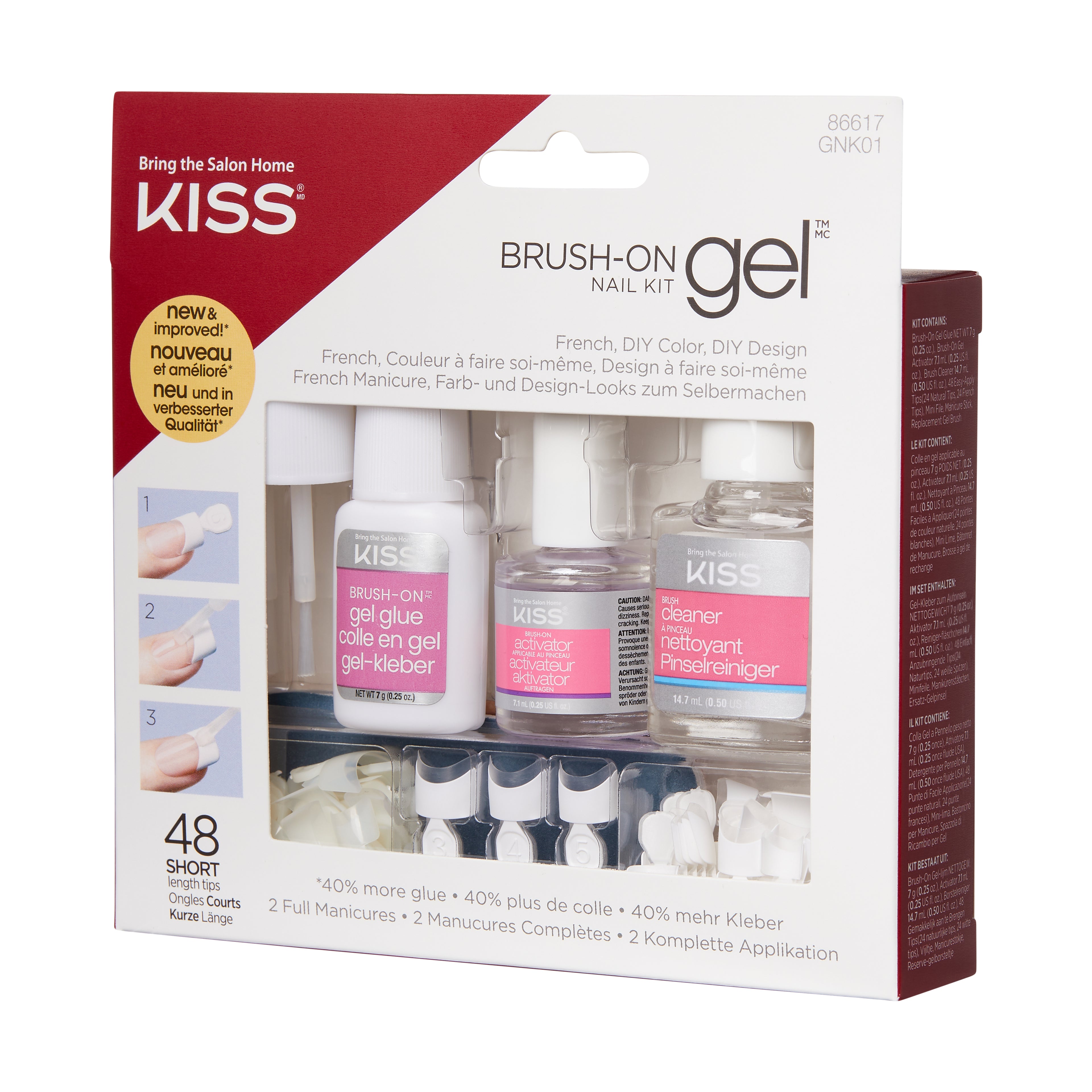 KISS Brush-On Gel Nail Kit, Press-On Nails, Brush on Gel, Bílá, Short Hranatý, 48 ks