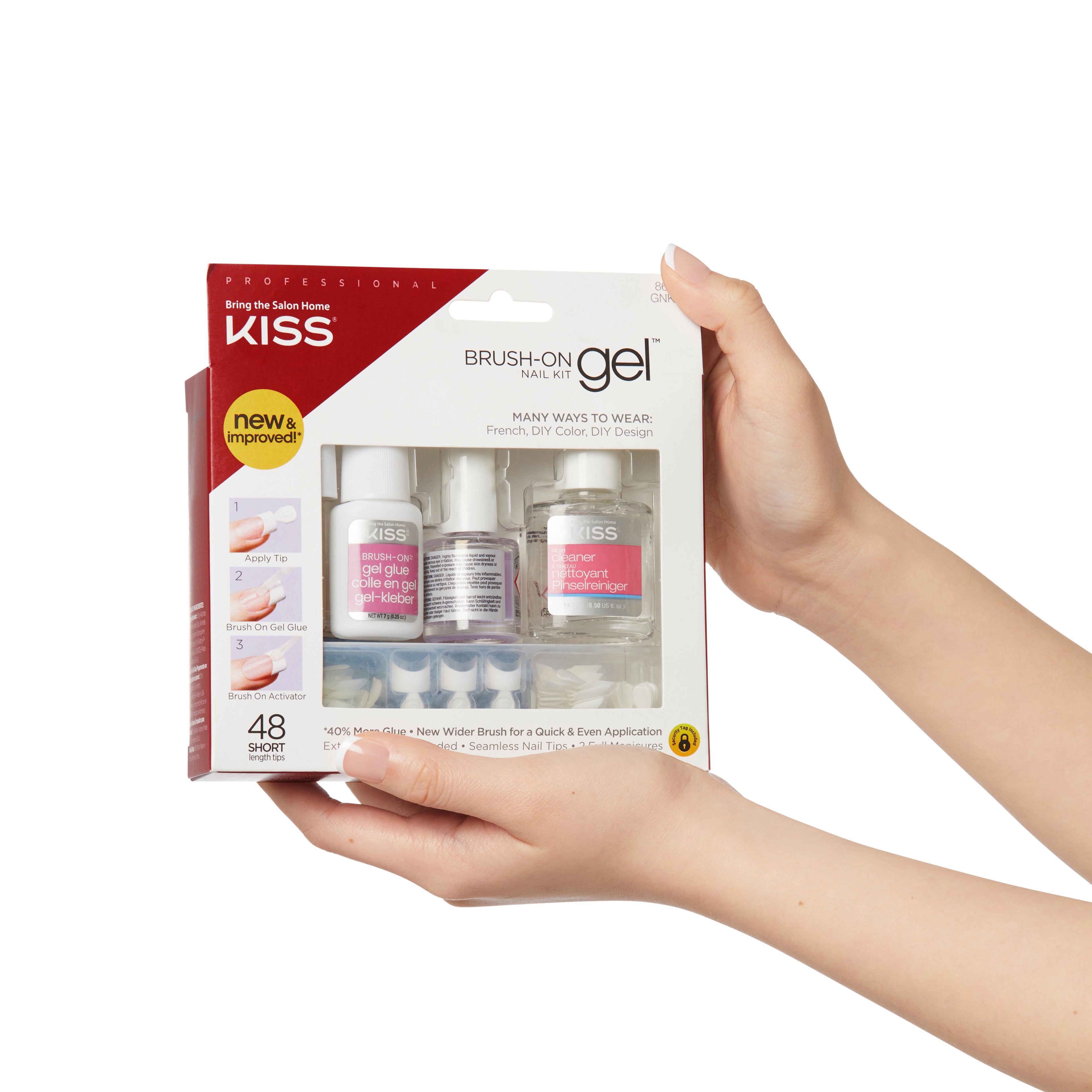 KISS Brush-On Gel Nail Kit, Press-On Nails, Brush on Gel, Bílá, Short Hranatý, 48 ks