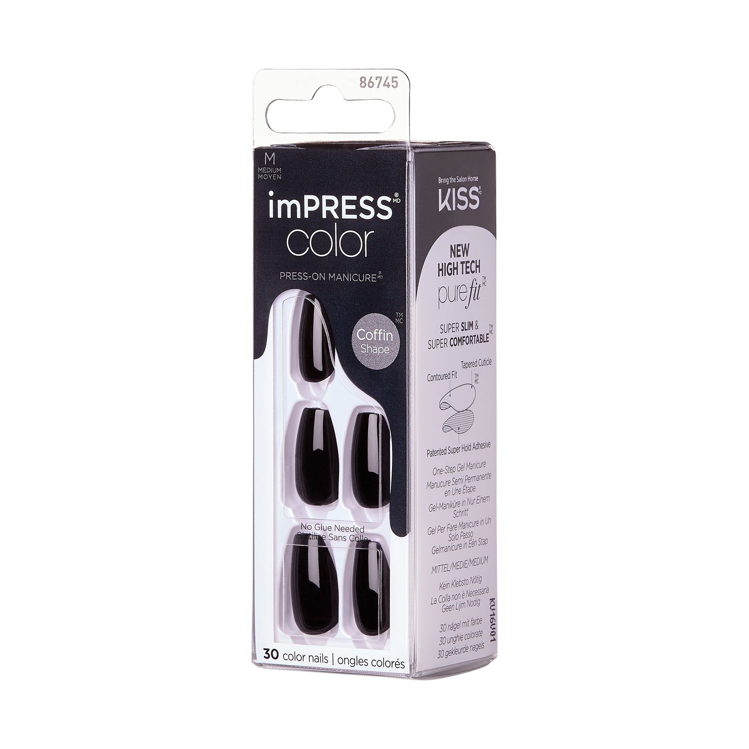 imPRESS Color No Glue Mani Press On Nails, Color, All Black, Černá, Medium Coffin, 30 ks