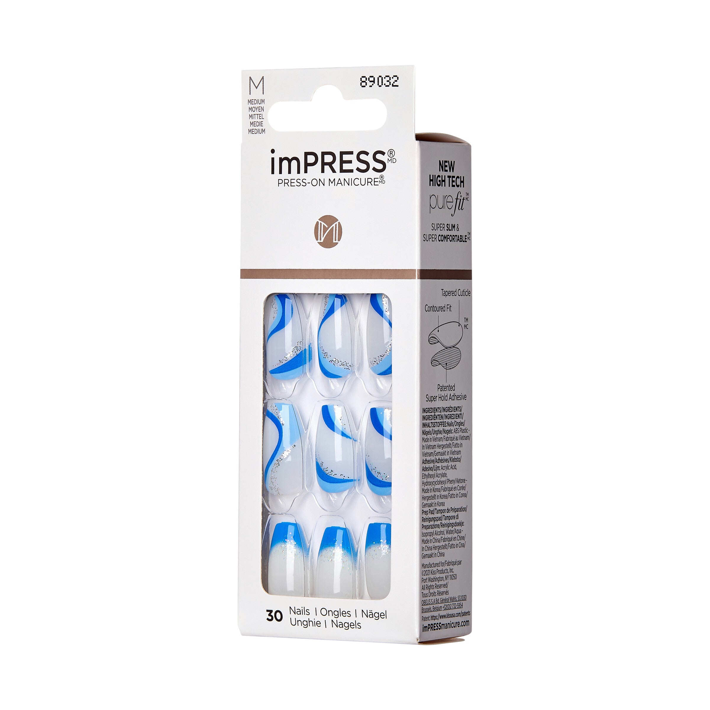 imPRESS Design Press-On Nails, No Glue Needed, Modrá, Medium Coffin, 30 ks