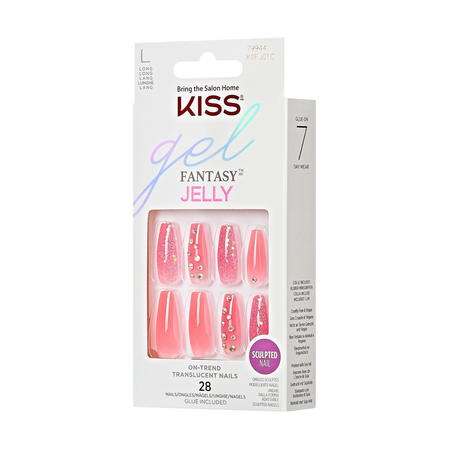 KISS Gel Fantasy Jelly Press-On Nails, Be Jelly, Růžová, Long Coffin, 31 ks