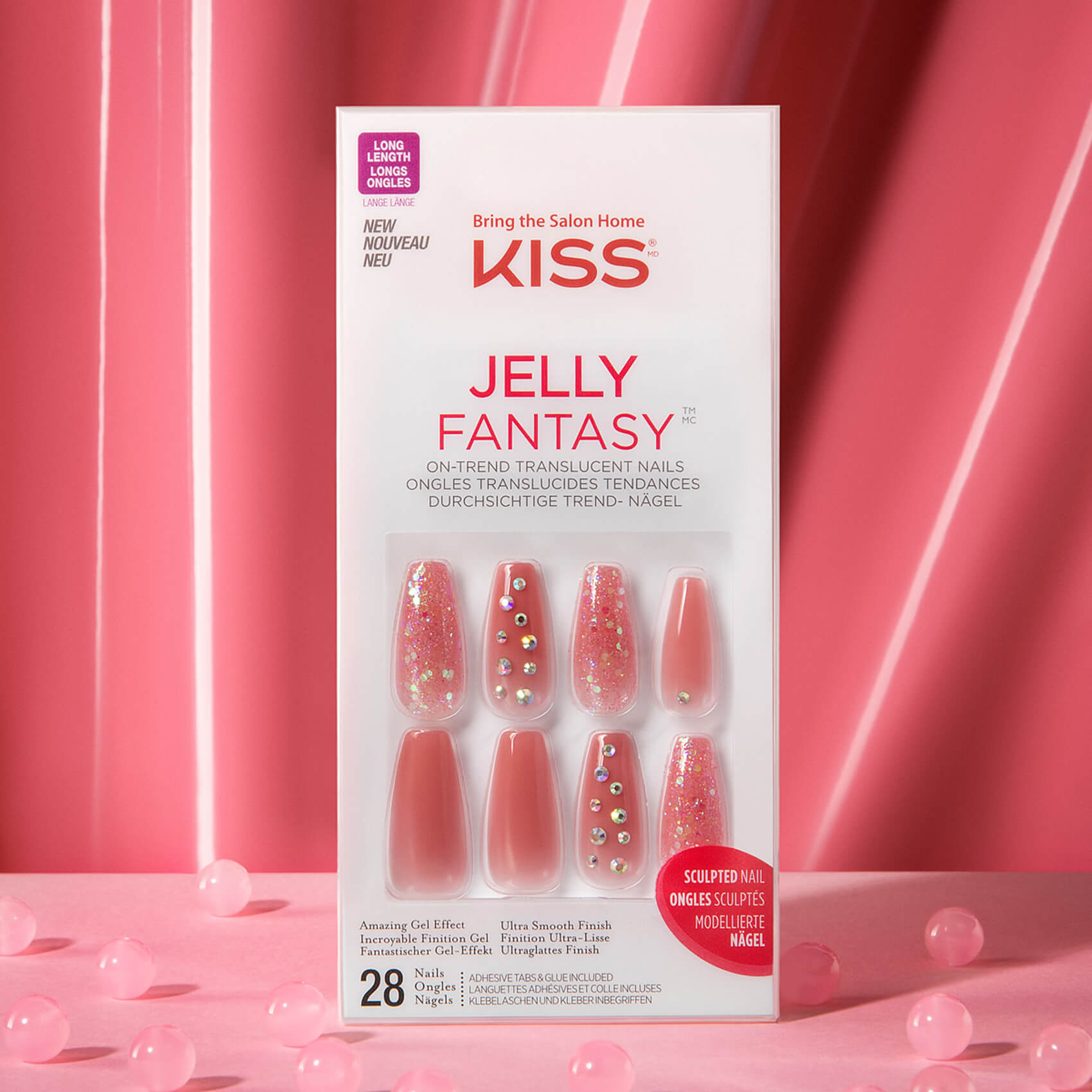 KISS Gel Fantasy Jelly Press-On Nails, Be Jelly, Růžová, Long Coffin, 31 ks