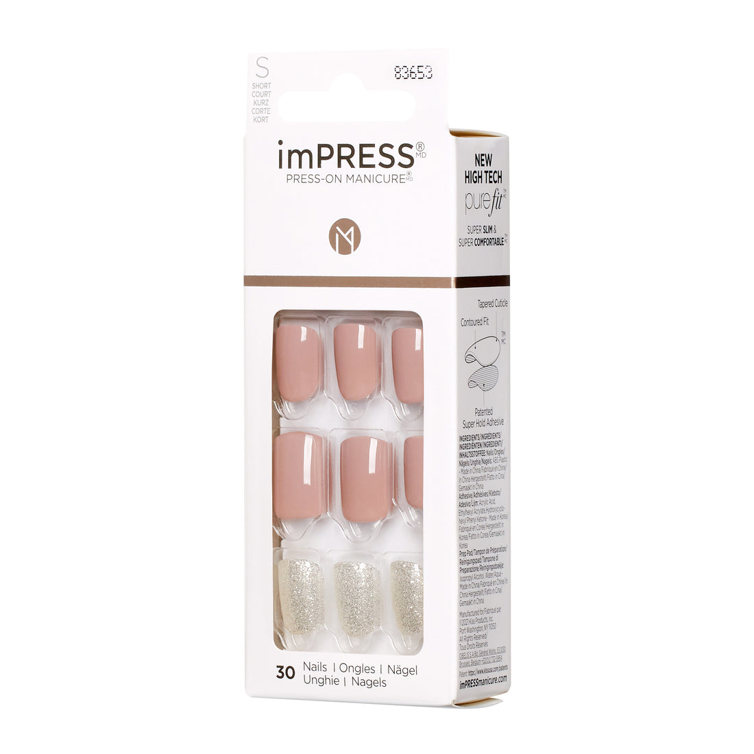 imPRESS Design Press-On Nails, No Glue Needed, Růžová, Short Zaoblený, 33 ks