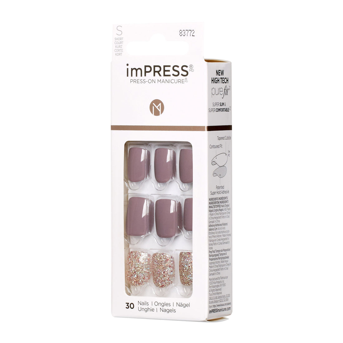 imPRESS Design Press-On Nails, No Glue Needed, Šedá, Short, Zaoblený, 33 ks