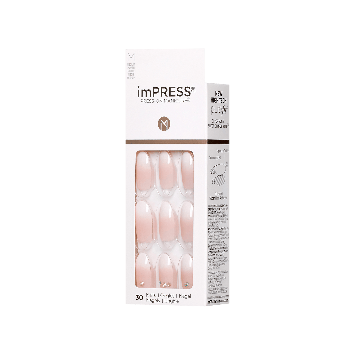 imPRESS Design Press-On Nails, No Glue Needed, Růžová, Medium Mandlový, 30 ks