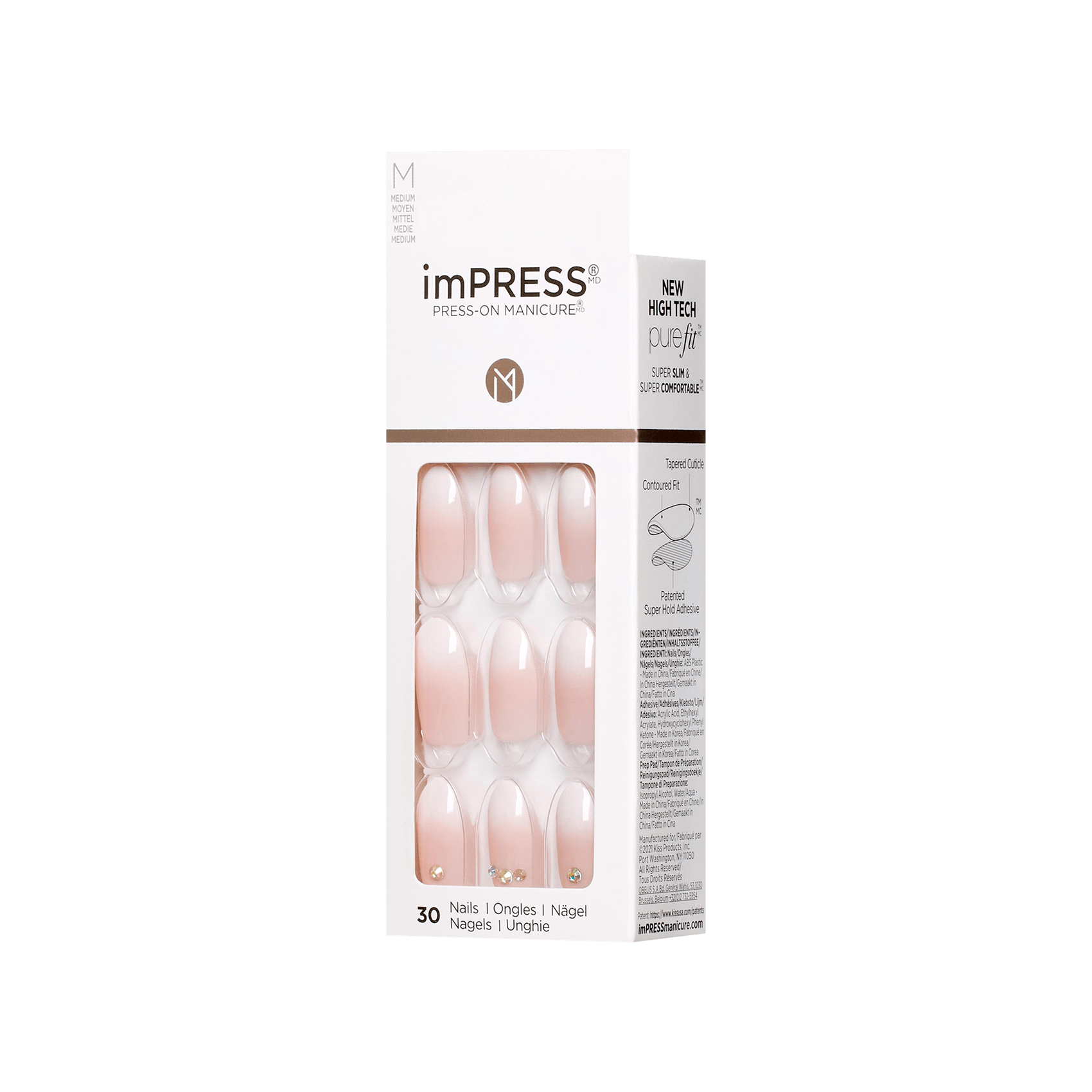 imPRESS Design Press-On Nails, No Glue Needed, Růžová, Medium Mandlový, 30 ks