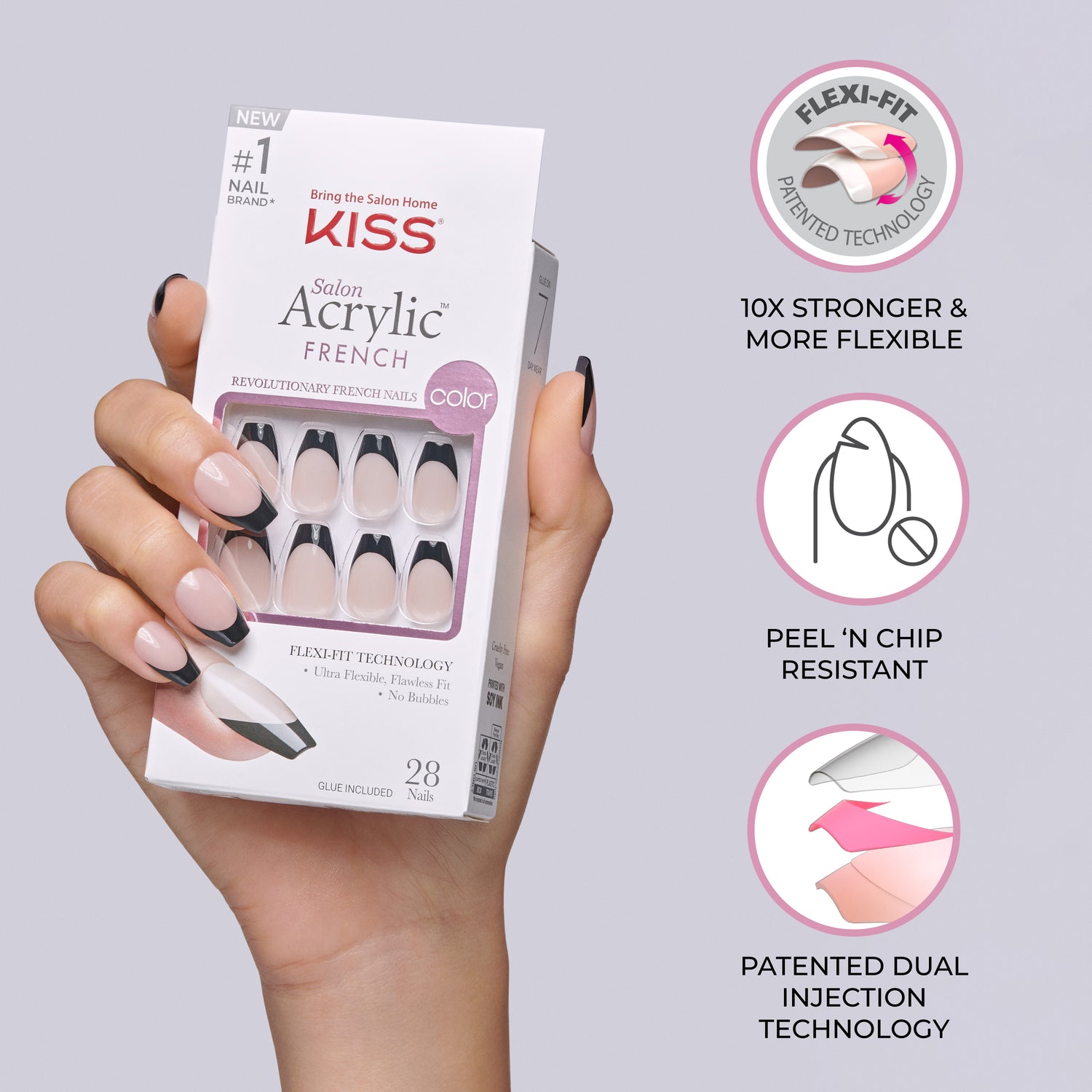 Kiss Salon Acrylic French Color Press On Nails, ‘Catchy’, Purple, Medium Almond, 28 Count