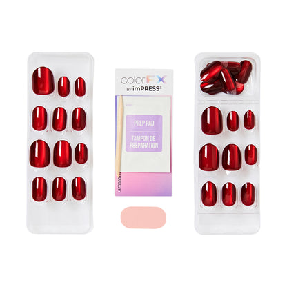 Kiss colorFX od Impress Press On Nails, bez potřeby lepidla, červené, krátké, oválný tvar, 30 ks.