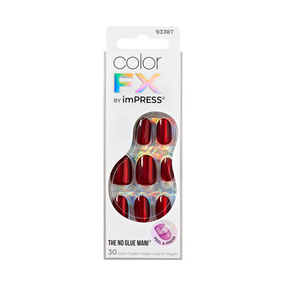 Kiss colorFX od Impress Press On Nails, bez potřeby lepidla, červené, krátké, oválný tvar, 30 ks.