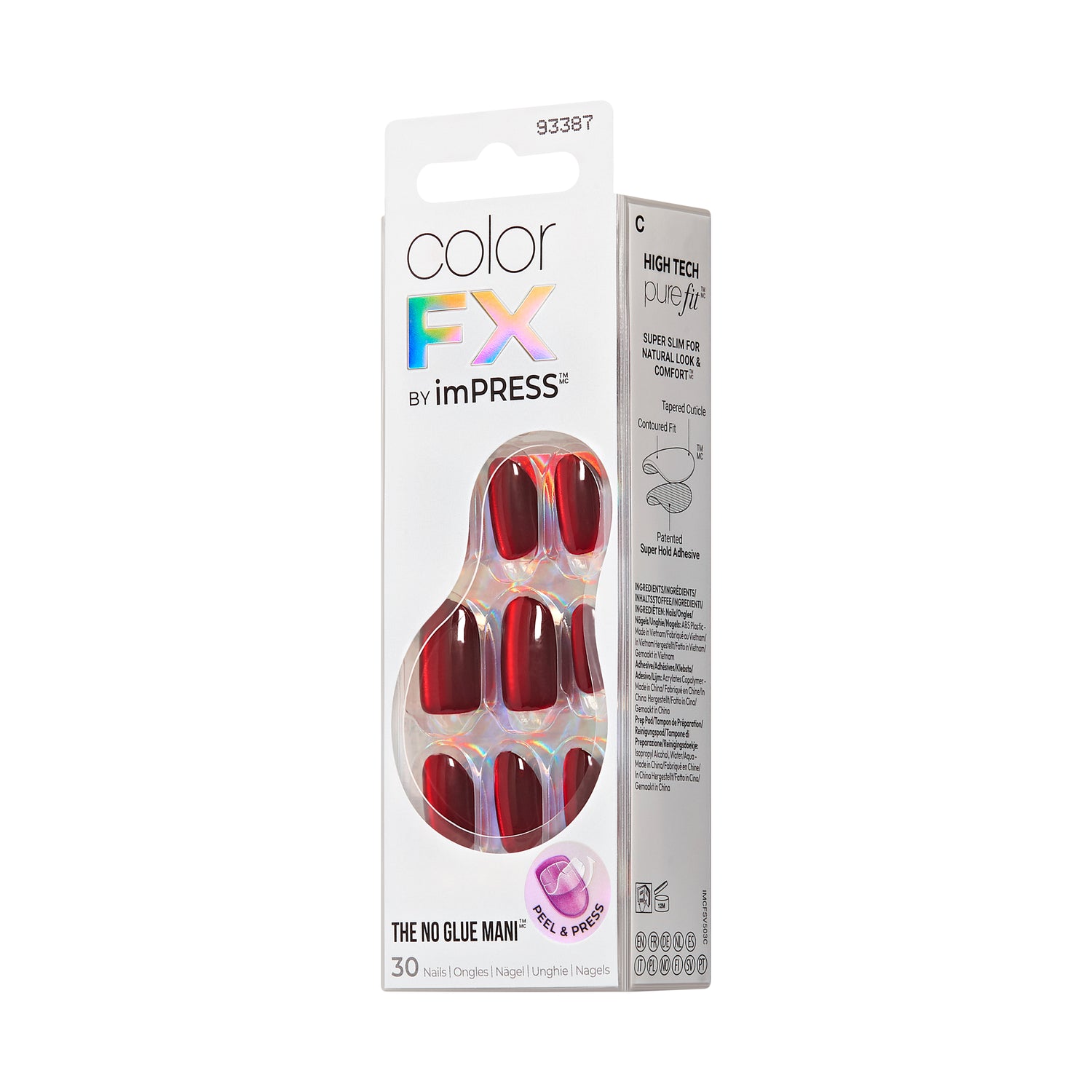 Kiss colorFX od Impress Press On Nails, bez potřeby lepidla, červené, krátké, oválný tvar, 30 ks.