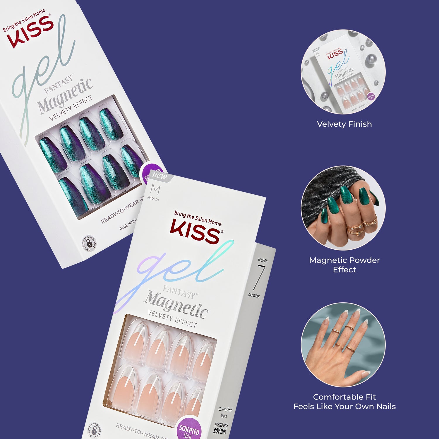 Kiss Gel Fantasy Magnetic Press On Nails, ‘Moonlit Veil’, Black, Short Oval, 28 Count