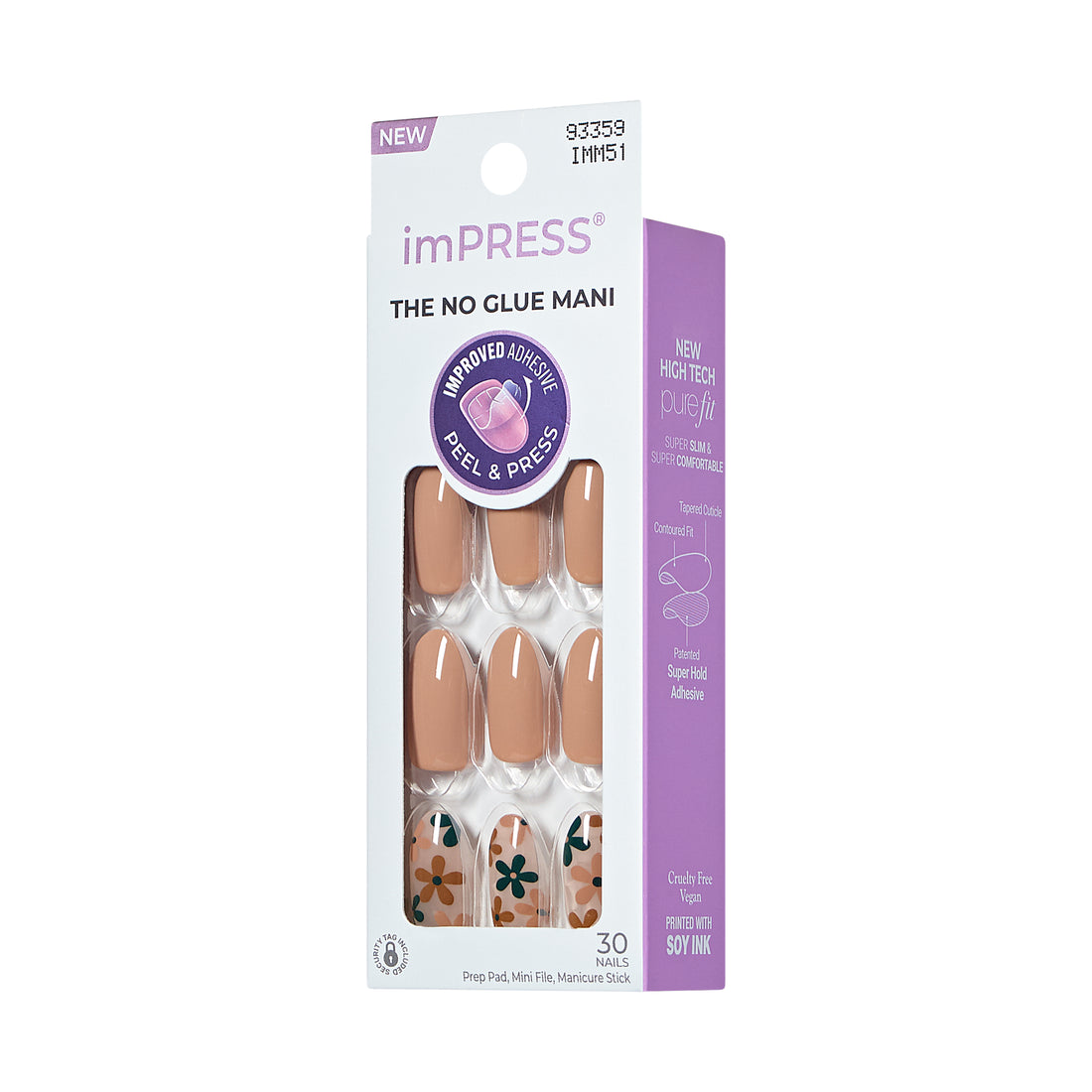 Impress Design Press On Nails , No Glue Needed, Beige, Medium Length, Almond Shape, 30 Ct.